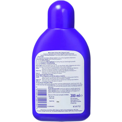 Back label of Phillips' Milk of Magnesia 200ml Liquid showing detailed dosage instructions, safety warnings, and active ingredients for antacid and laxative use.