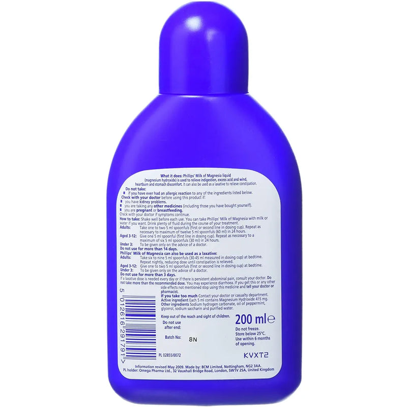 Back label of Phillips' Milk of Magnesia 200ml Liquid showing detailed dosage instructions, safety warnings, and active ingredients for antacid and laxative use.