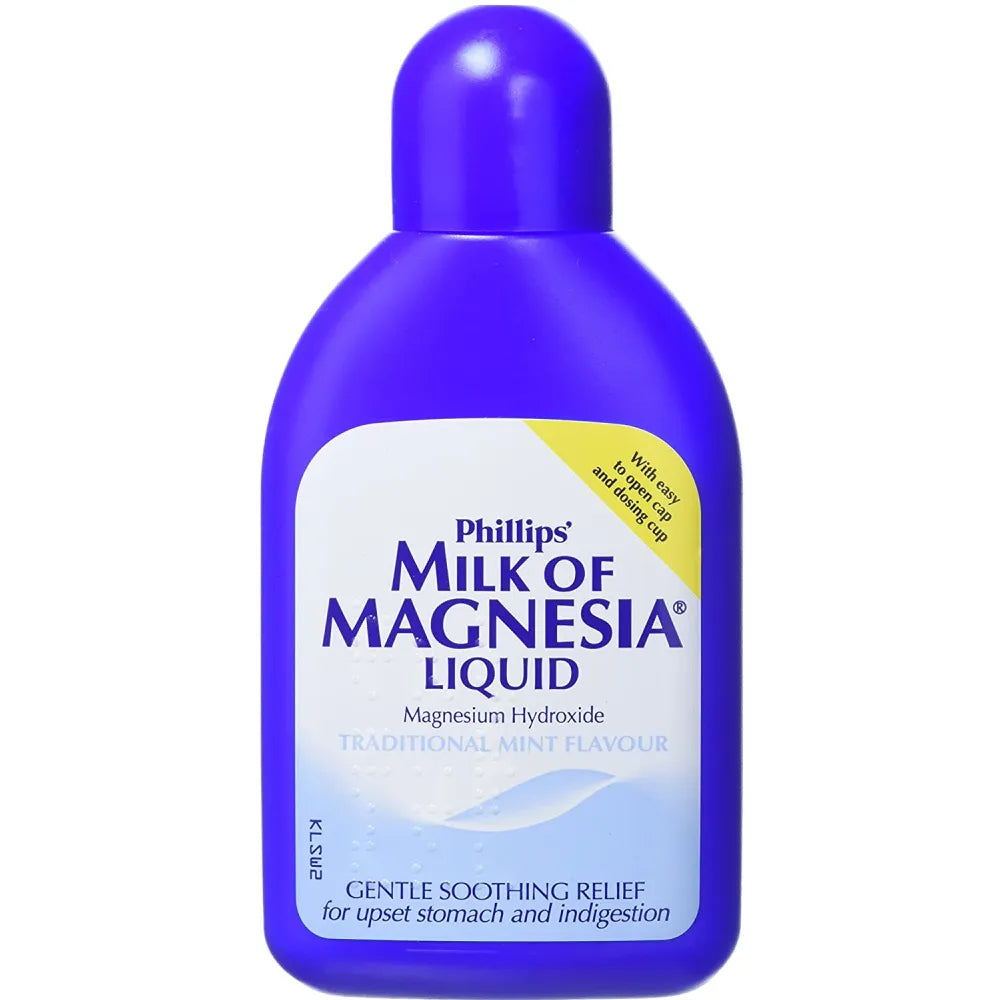 Phillips' Milk of Magnesia Liquid 200ml bottle, Traditional Mint Flavour antacid and laxative for relief of indigestion, excess acid, and constipation.