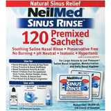 NeilMed Sinus Rinse packaging with 120 premixed sachets on a blue and white background