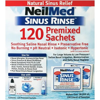 NeilMed Sinus Rinse packaging with 120 premixed sachets on a blue and white background