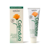 Nelsons Calendula Cream multi-purpose cream shown as a white squeeze tube next to its matching cream box, featuring an orange calendula flower and green text on a white background.