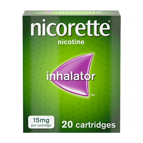 Nicorette inhalator packaging with 20 cartridges and 15mg per cartridge.