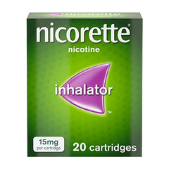Nicorette inhalator packaging with 20 cartridges and 15mg per cartridge.