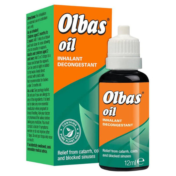 Olbas Oil 12ml inhalant decongestant for relief from colds, catarrh, and blocked sinuses.