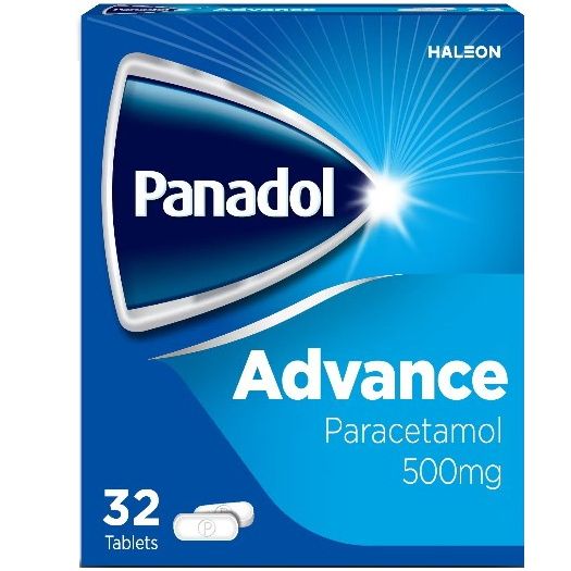 Panadol Advance 32 Tabs Paracetamol 500mg packaging with blue background