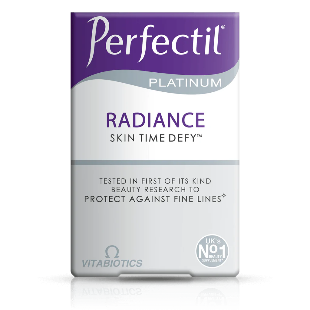 Front view of Perfectil Radiance skincare supplement box highlighting beauty nutrients