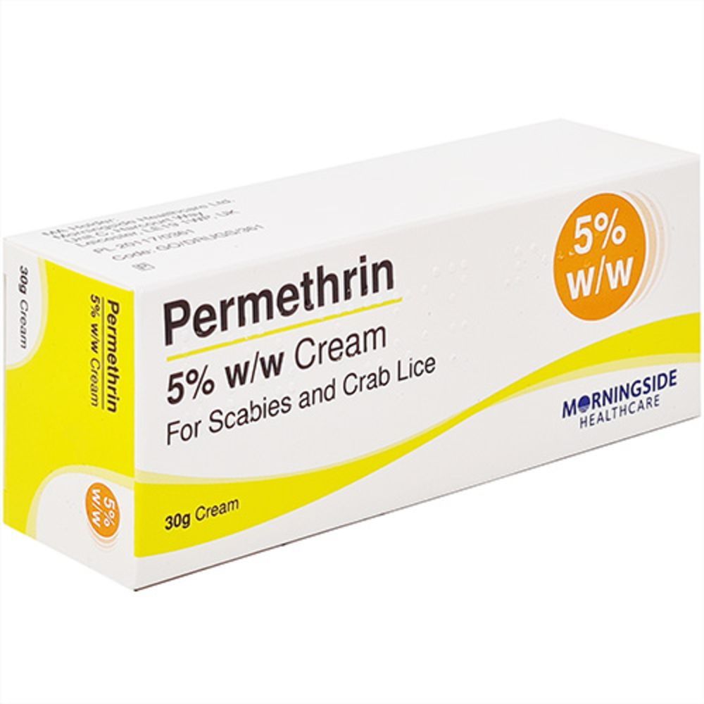 Permethrin 5% w/w Cream packaging for scabies and crab lice by Morningside Healthcare on a white background.