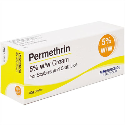Permethrin 5% w/w Cream packaging for scabies and crab lice by Morningside Healthcare on a white background.