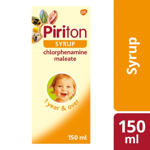 A box of Pirition Syrup with chlorphenamine maleate, 150ml.
