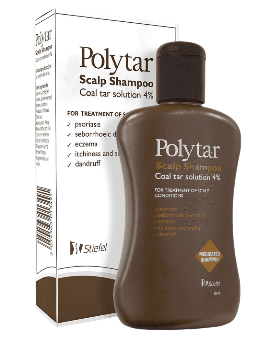 A bottle of Polytar Scalp Coal Tar Shampoo with its packaging box. The bottle is brown, and the packaging is mostly white and brown with product information and branding.