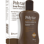 A bottle of Polytar Scalp Coal Tar Shampoo with its packaging box. The bottle is brown, and the packaging is mostly white and brown with product information and branding.