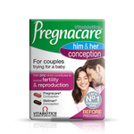 Front of Pregnacare Him & Her Conception pack showing 60 tablets for couples' fertility support.