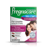 Front of Pregnacare Him & Her Conception pack showing 60 tablets for couples' fertility support.