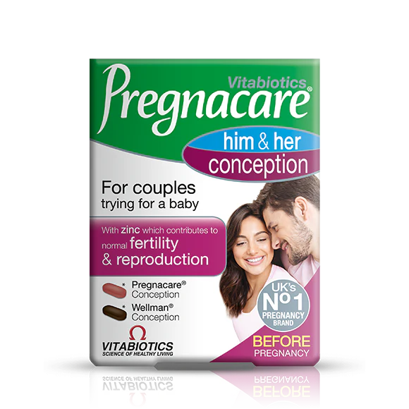 Front of Pregnacare Him & Her Conception pack showing 60 tablets for couples' fertility support.