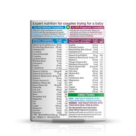 Back of Pregnacare Him & Her Conception pack showing 60 tablets for couples' fertility support.