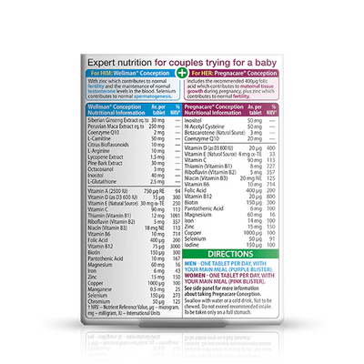 Back of Pregnacare Him & Her Conception pack showing 60 tablets for couples' fertility support.