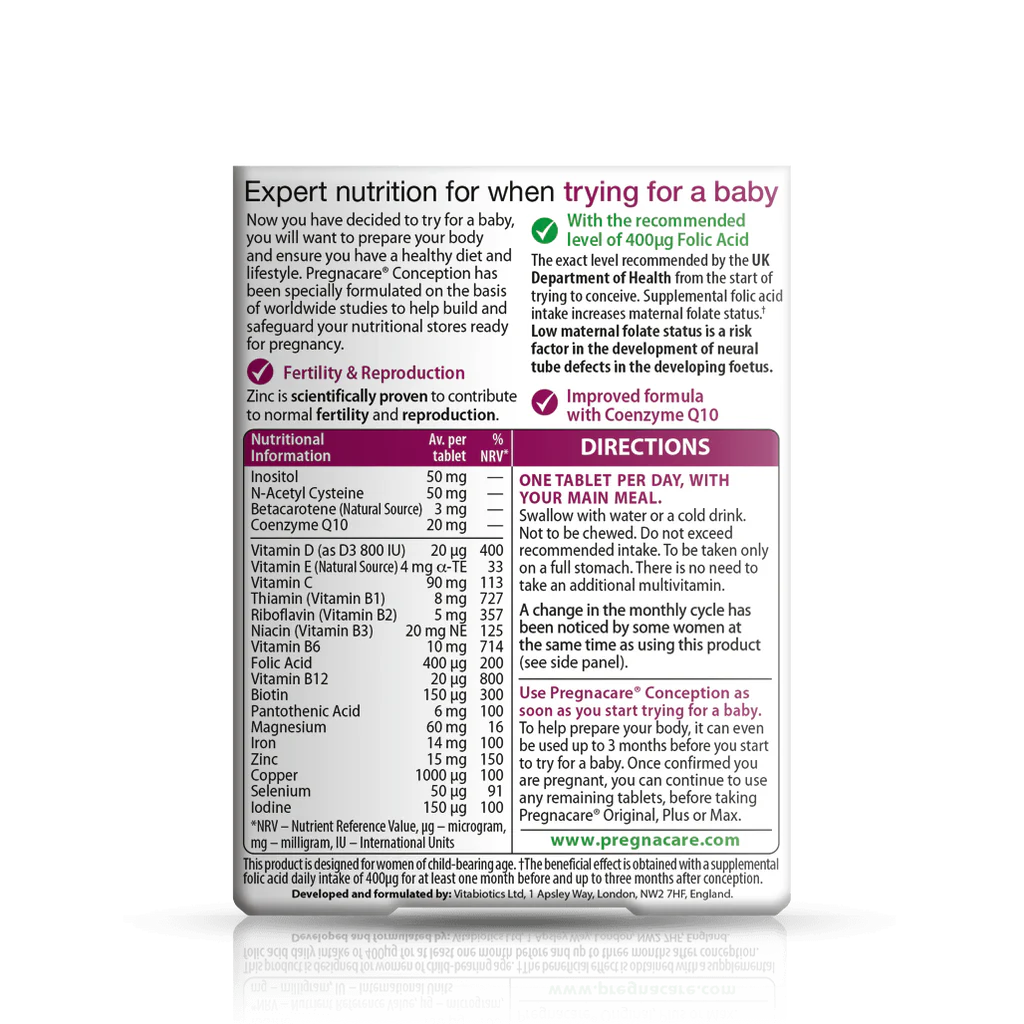 Back view of Pregnacare Conception pack showing 30 tablets, designed to support women's fertility health.