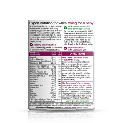 Back view of Pregnacare Conception pack showing 30 tablets, designed to support women's fertility health.