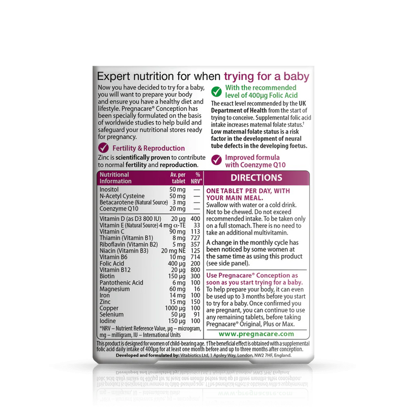 Back view of Pregnacare Conception pack showing 30 tablets, designed to support women's fertility health.