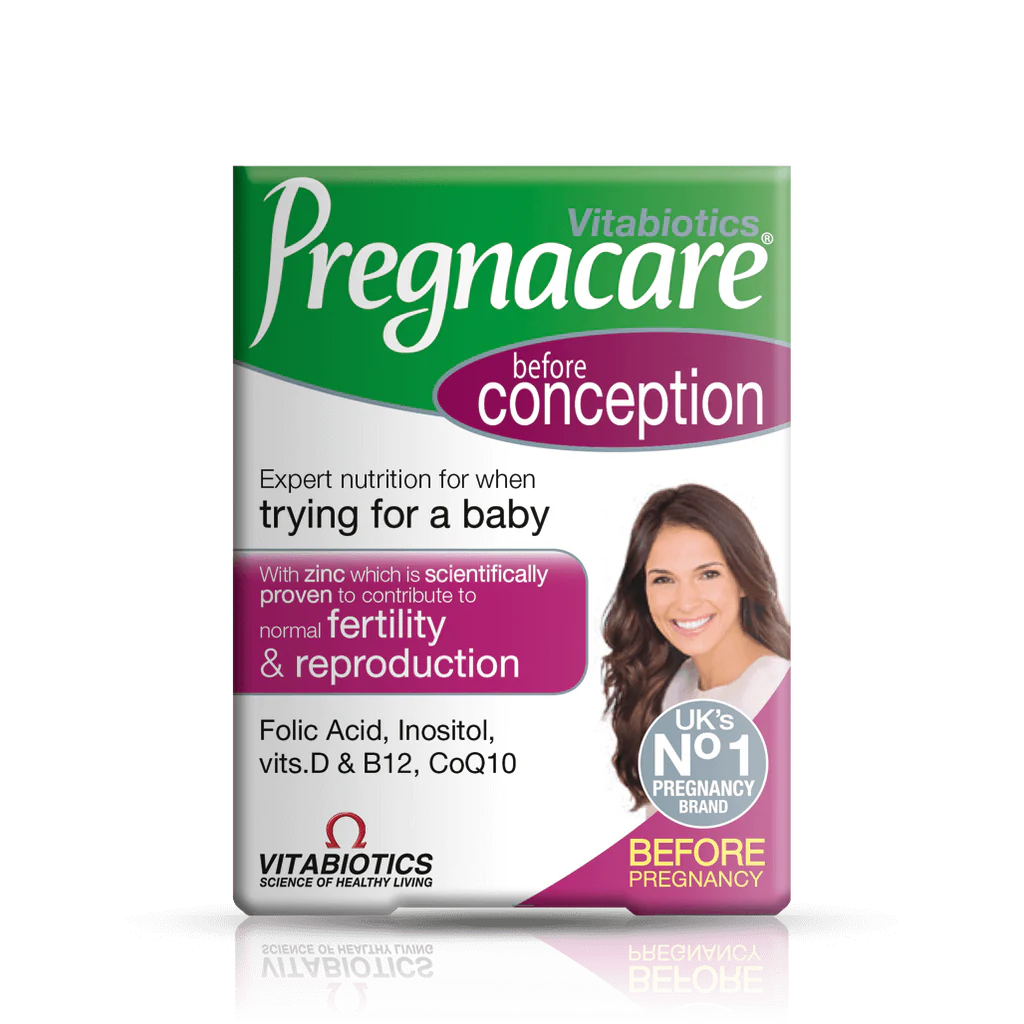 Front view of Pregnacare Conception pack showing 30 tablets, designed to support women's fertility health.