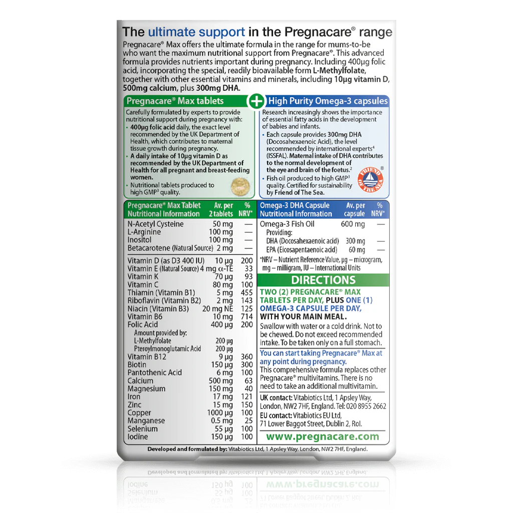 Pregnacare Max back label with directions, ingredients, and full nutrient breakdown.