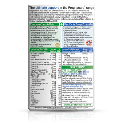 Pregnacare Max back label with directions, ingredients, and full nutrient breakdown.