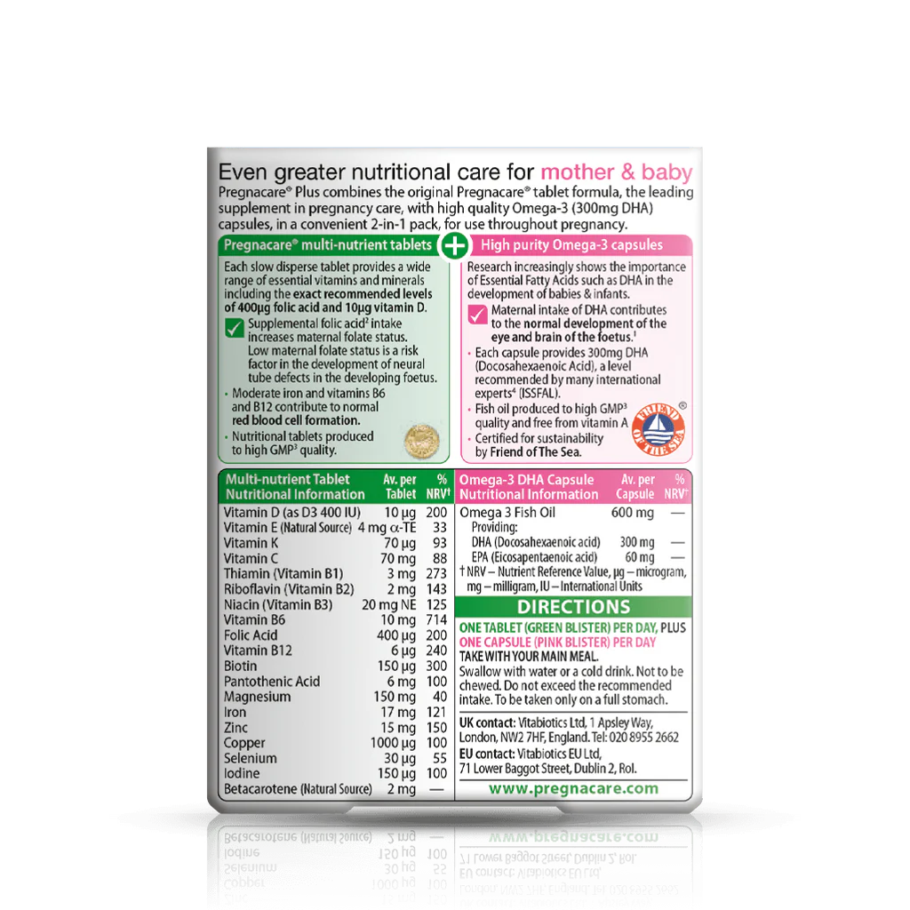 Back of Pregnacare Plus box displaying supplement facts and usage instructions