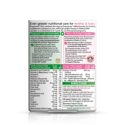 Back of Pregnacare Plus box displaying supplement facts and usage instructions