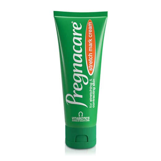 Front view of Pregnacare Stretch Mark Cream tube, green packaging with orange label