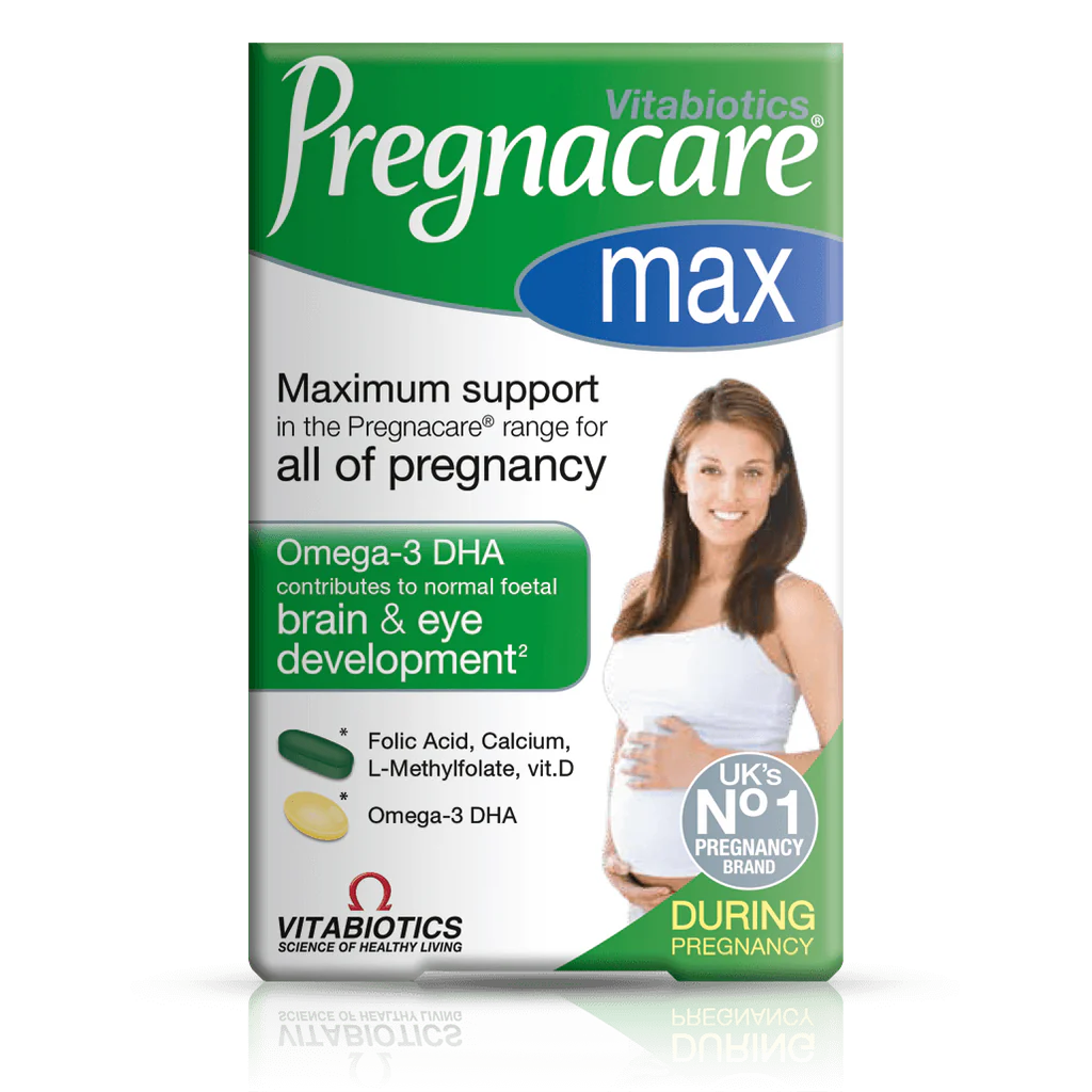 Pregnacare Max box showing Omega-3 DHA, folic acid, and full pregnancy support details.