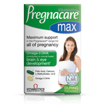 Pregnacare Max box showing Omega-3 DHA, folic acid, and full pregnancy support details.