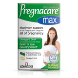 Pregnacare Max box showing Omega-3 DHA, folic acid, and full pregnancy support details.