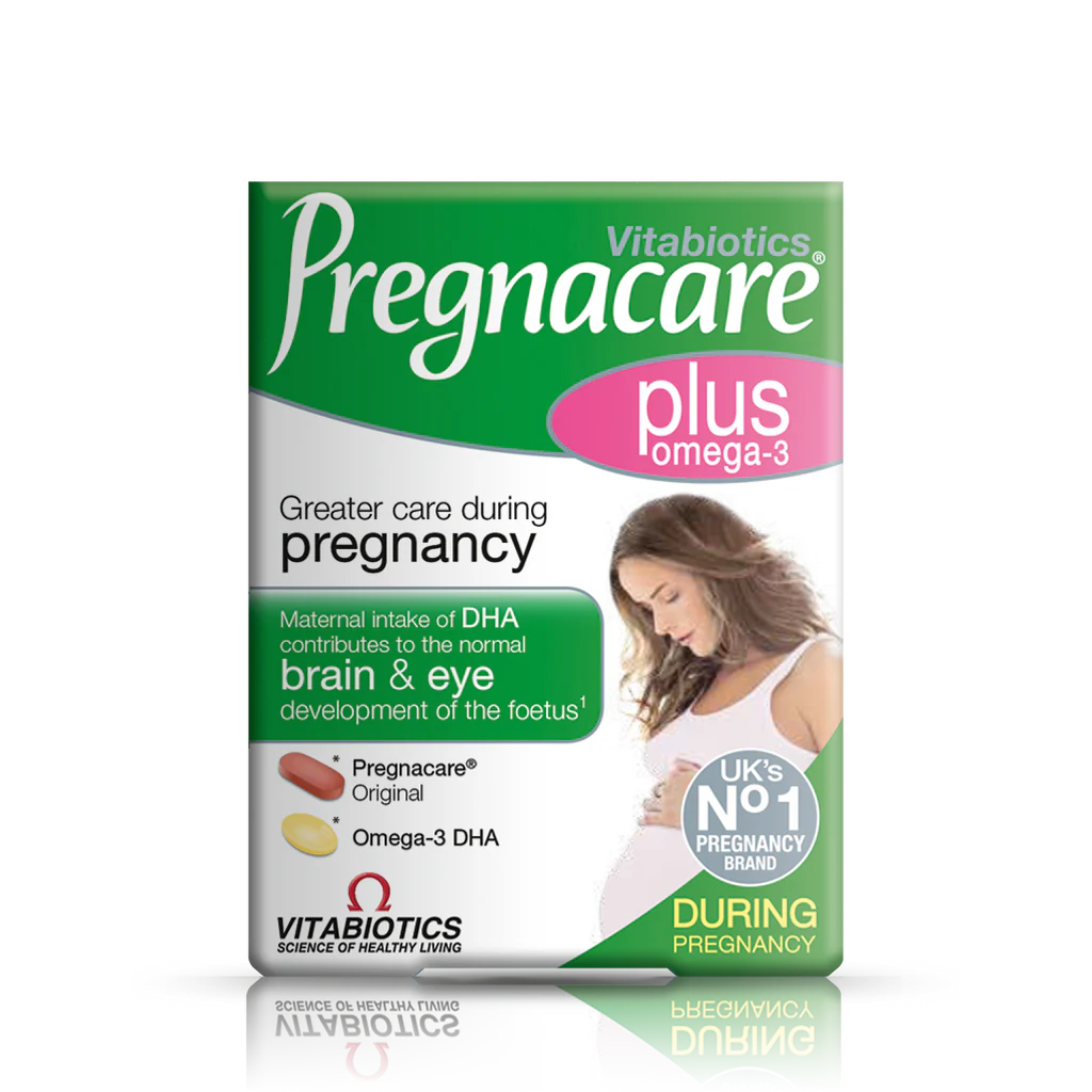 Front view of Pregnacare Plus box showing branding and nutritional highlights