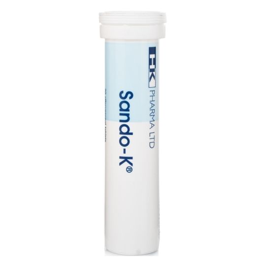 Sando-K tablet container with 'FK Pharma Ltd' branding on a white background