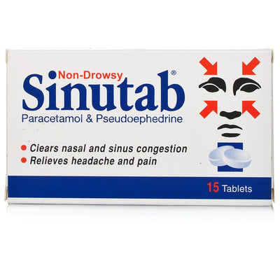Sinutab Non Drowsy 15 Tablets For Sinus Infection medication box on a white background
