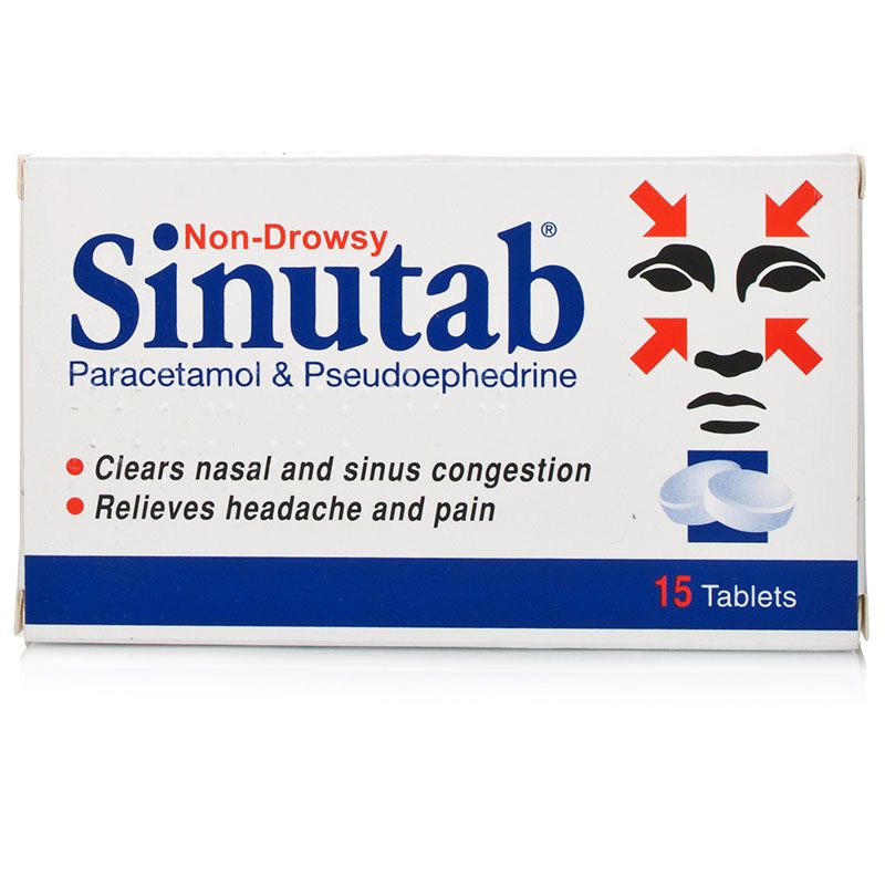 Sinutab Non Drowsy 15 Tablets For Sinus Infection medication box on a white background