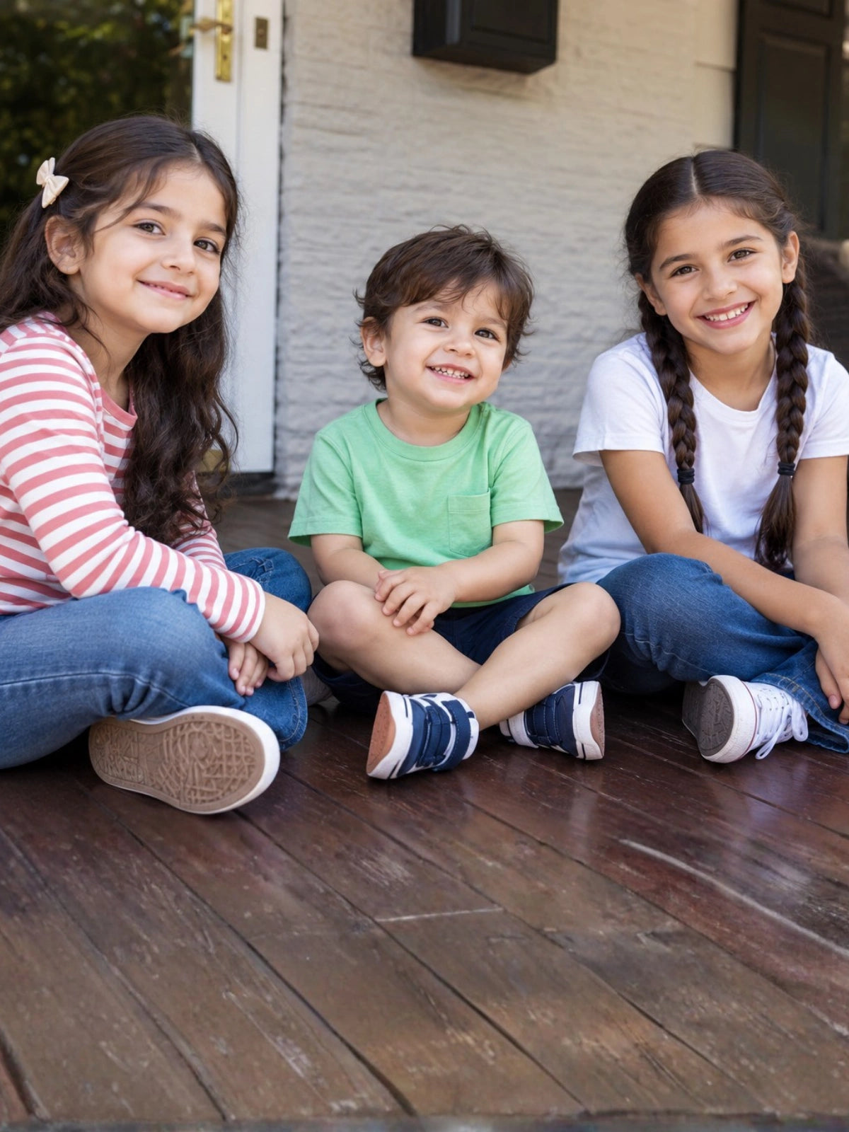 Three children sitting together on a wooden deck in front of a house. The girl on the left wears a pink and white striped long-sleeve shirt and blue jeans, the boy in the center wears a light green t-shirt and dark shorts, and the girl on the right wears a white t-shirt and blue jeans.