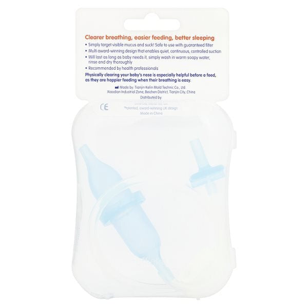 Snufflebabe Nasal Aspirator packaging back with breathing, feeding, and sleep benefit info.