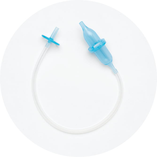 Snufflebabe baby nasal aspirator with mouthpiece, filter chamber, and soft suction tube.