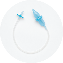 Snufflebabe baby nasal aspirator with mouthpiece, filter chamber, and soft suction tube.