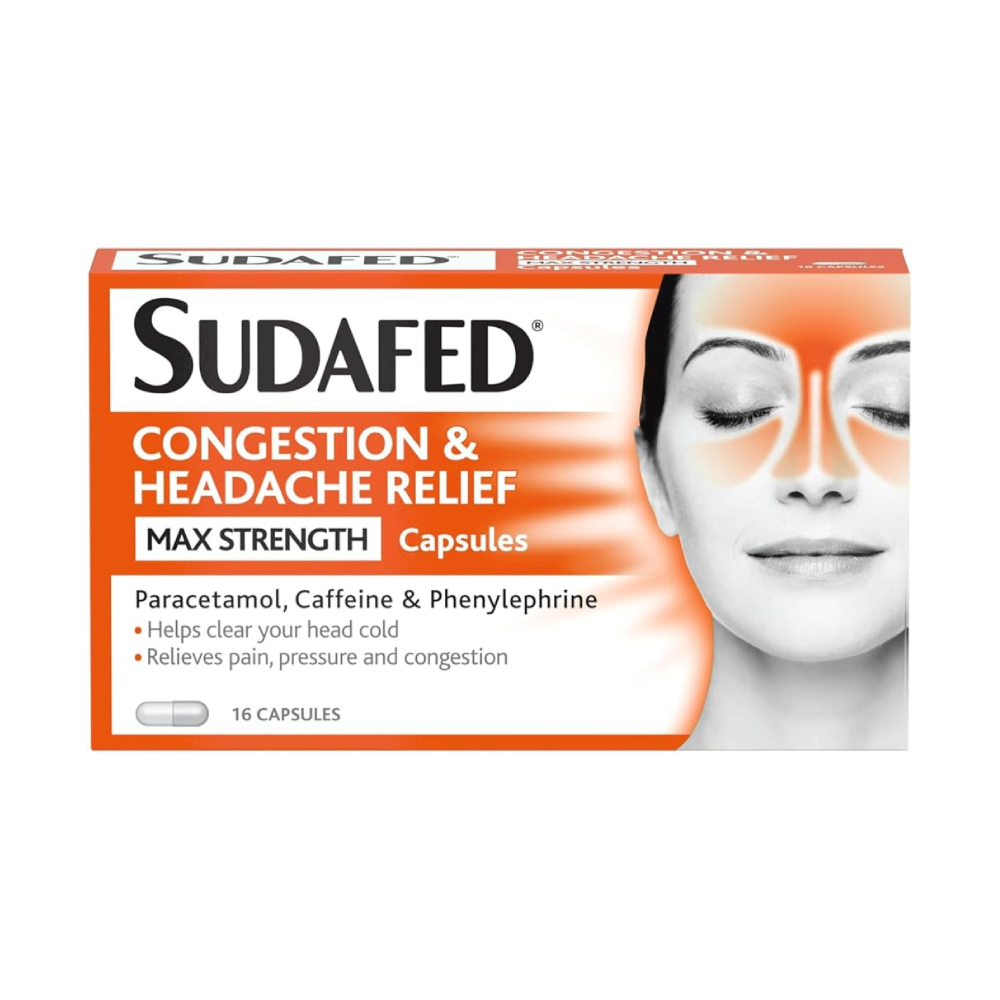 Sudafed congestion and headache relief capsules packaging with a person's face showing sinus discomfort.