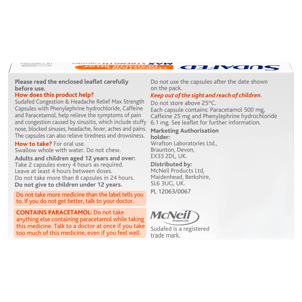 Sudafed congestion and headache relief capsules packaging back side