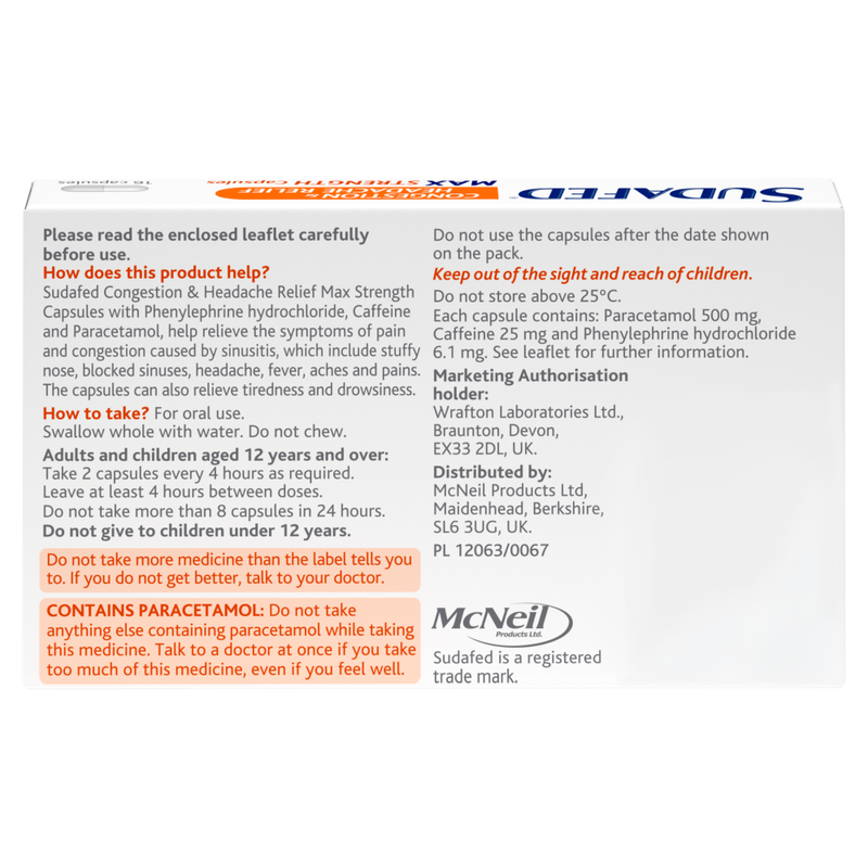 Sudafed congestion and headache relief capsules packaging back side