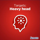 Sudafed advertisement with a red background and white icon of a head with a bell, labeled 'Targets: Heavy head'.