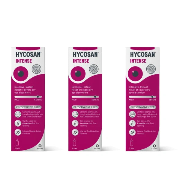 Three identical boxes of Hycosan Intense dry eye drops shown side by side on a plain white background.
