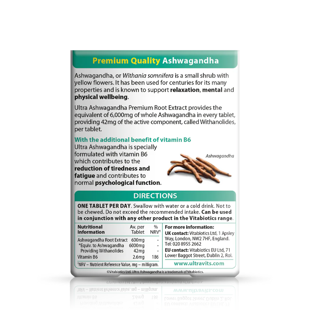 Ultra Ashwagandha 600mg Root Extract tablets with vitamin B6 to reduce tiredness and support psychological function.