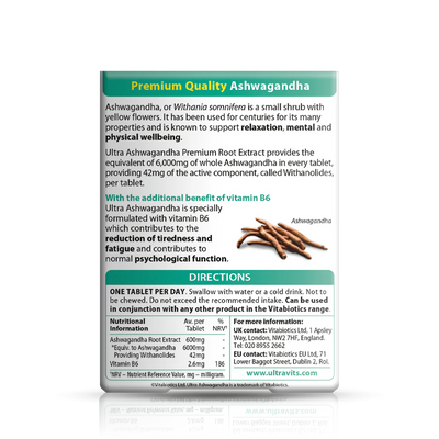 Ultra Ashwagandha 600mg Root Extract tablets with vitamin B6 to reduce tiredness and support psychological function.