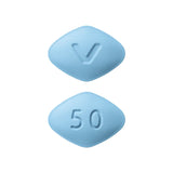 Two blue pills with a 'V' and '50' imprint on a white background
