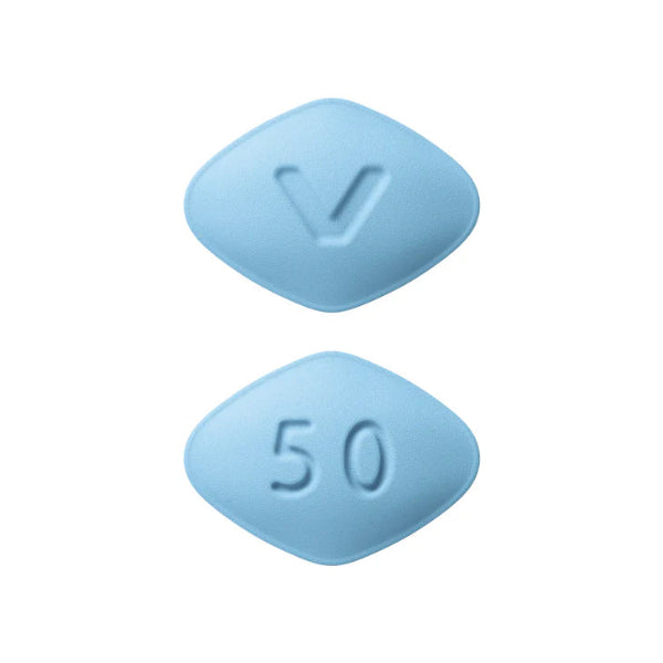 Two blue pills with a 'V' and '50' imprint on a white background